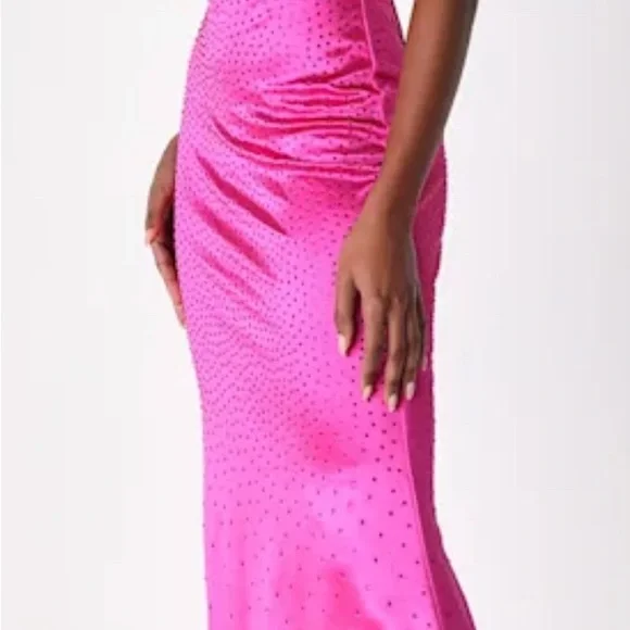 NWT Lulus Radiant Stunner Hot Pink Satin Rhinestone Lace-Up Maxi Dress - Picture 2 of 4
